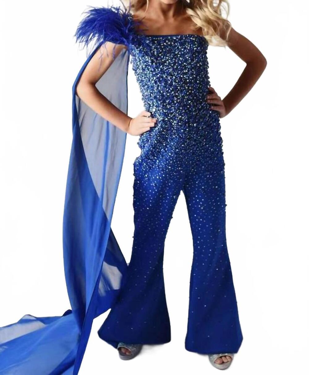 NEW AVA PRESLEY one-shoulder floor-length jumpsuit in royal